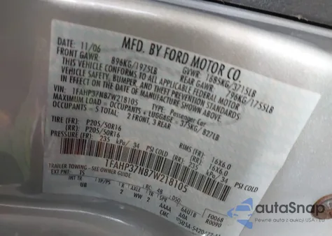 2007 Ford Focus S/Se/Ses z USA, uszkodzony, nr VIN 1FAHP37N87W218105